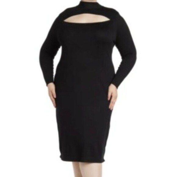 Black Long Sleeve Mock Neck Cutout Bodycon Sweater Dress Midi Dress‎ - Picture 1 of 7